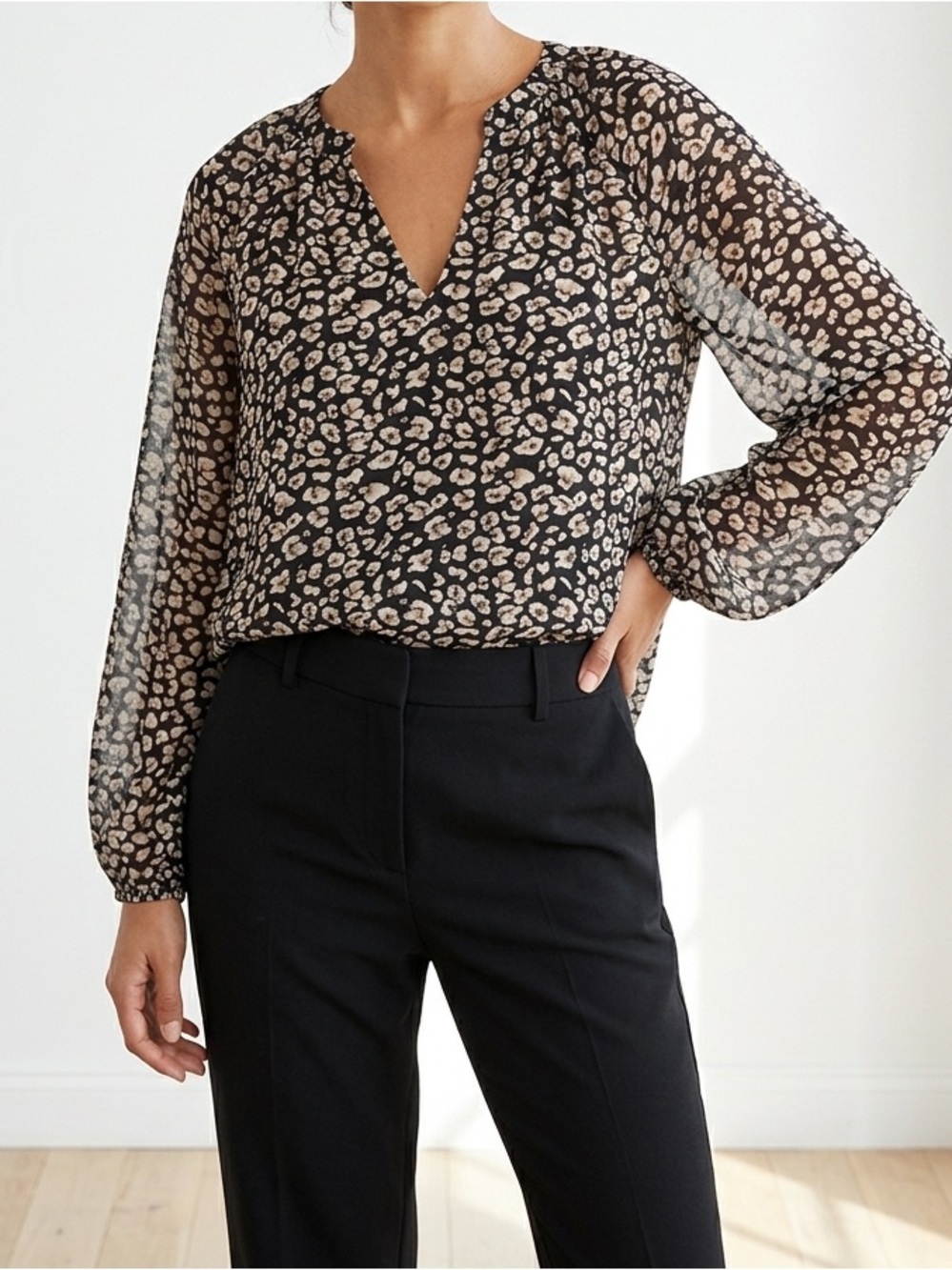 Long-Sleeve Leopard Print V-Neck Blouse in Black and Cream